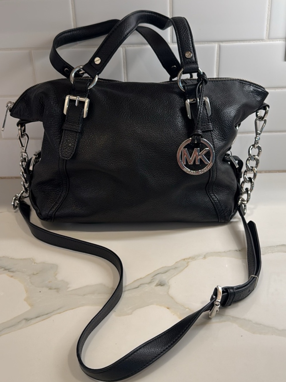 Michael Kors Black Pebbled Leather Shoulder Satchel with Chain Detail